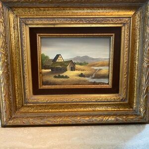 Rustic Landscape Framed SIGNED Art in Gold and Brown Ornate Frame